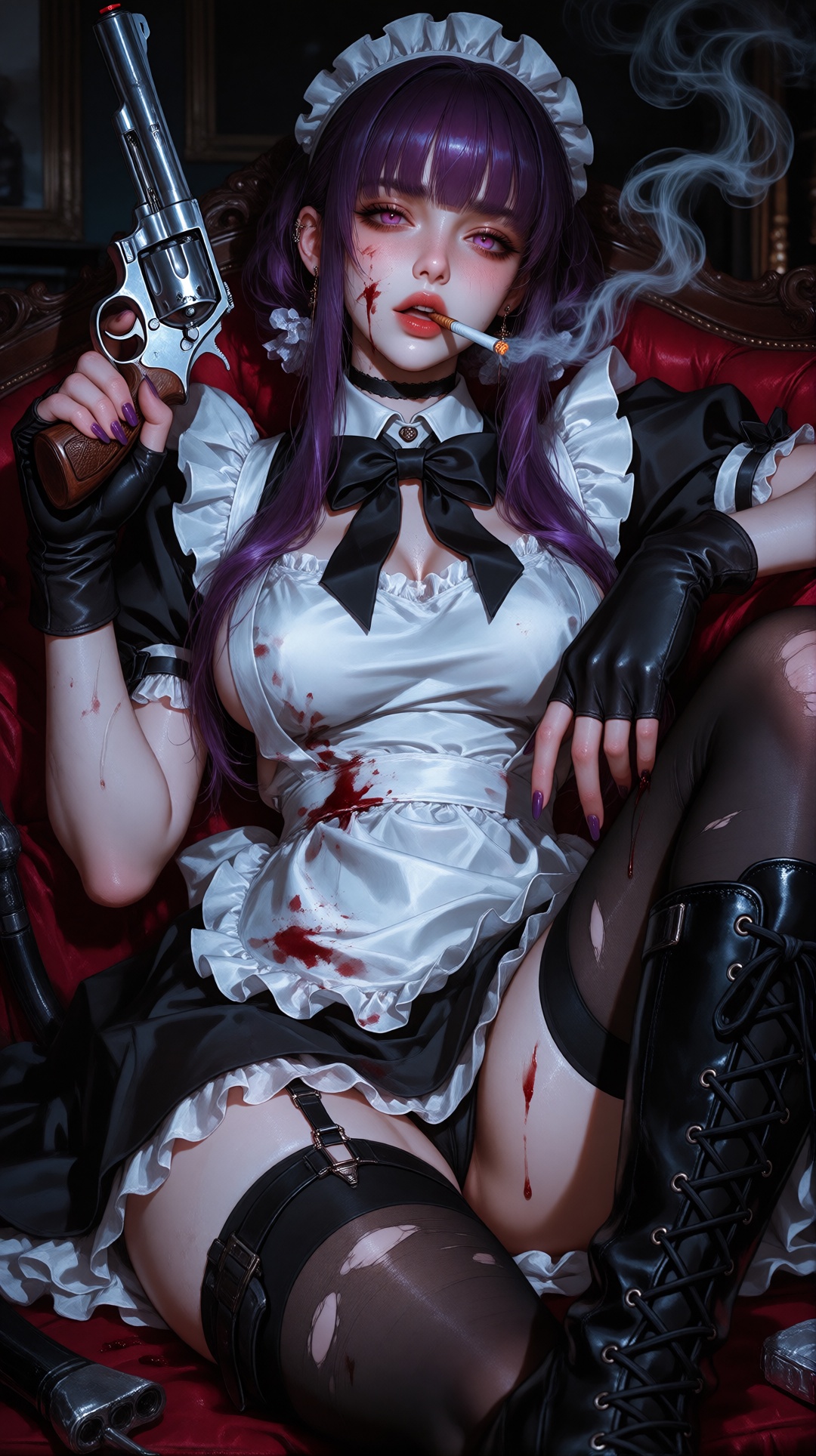 This is an niji-anime-style image,  The image features a purple-haired girl dressed in a maid uniform,  which includes a w...