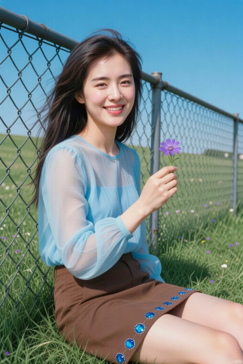 Scene photo,  a close-up portrait of a grassland traveling full of summer vitality. The character sits beside the grass,...