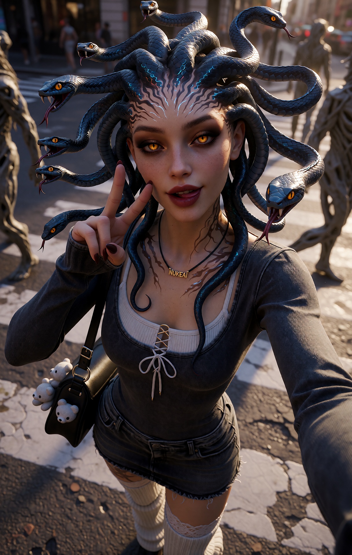 hyper-realistic vertical cinematic selfie portrait of a young woman with Medusa’s curse,  rendered in ultra-detailed 3DCG...