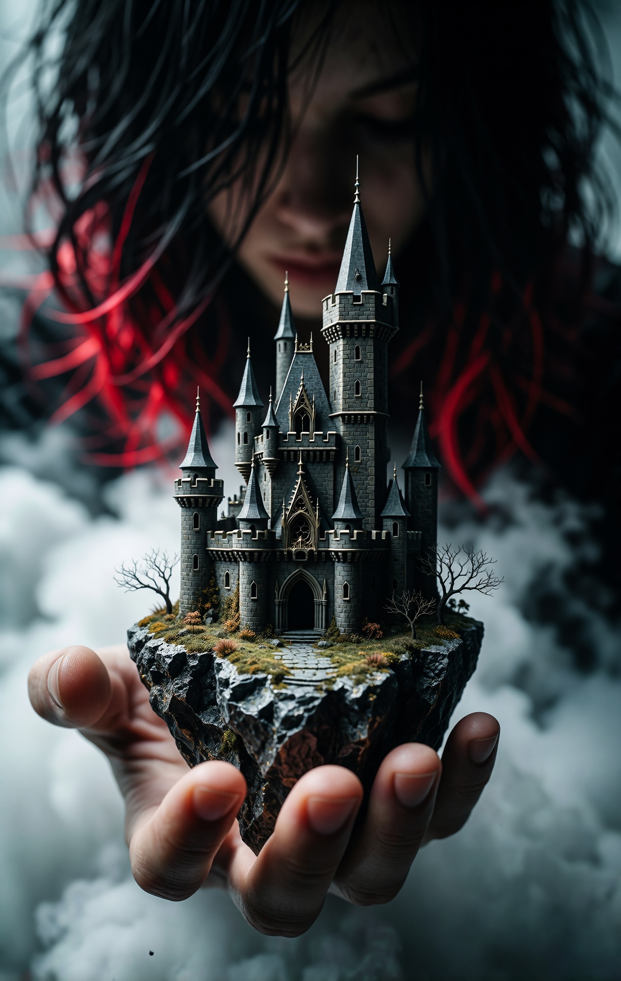zidiusArt,  a surreal close-up shot focusing on a human hand holding a floating,  miniature gothic castle island. The cast...
