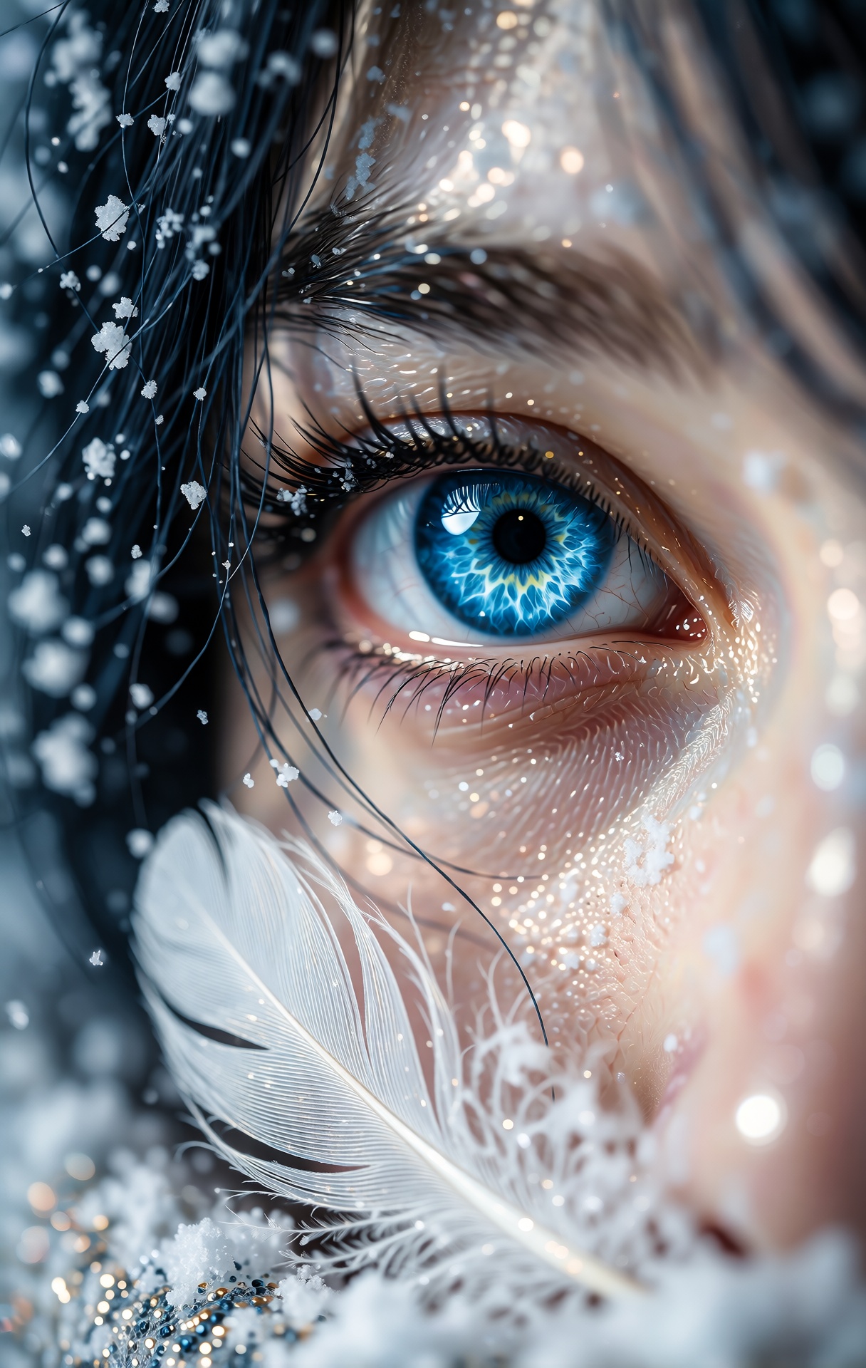 Create a highly detailed portrait in an ethereal close-up style,  focusing on a striking blue eye that is vivid and lumino...