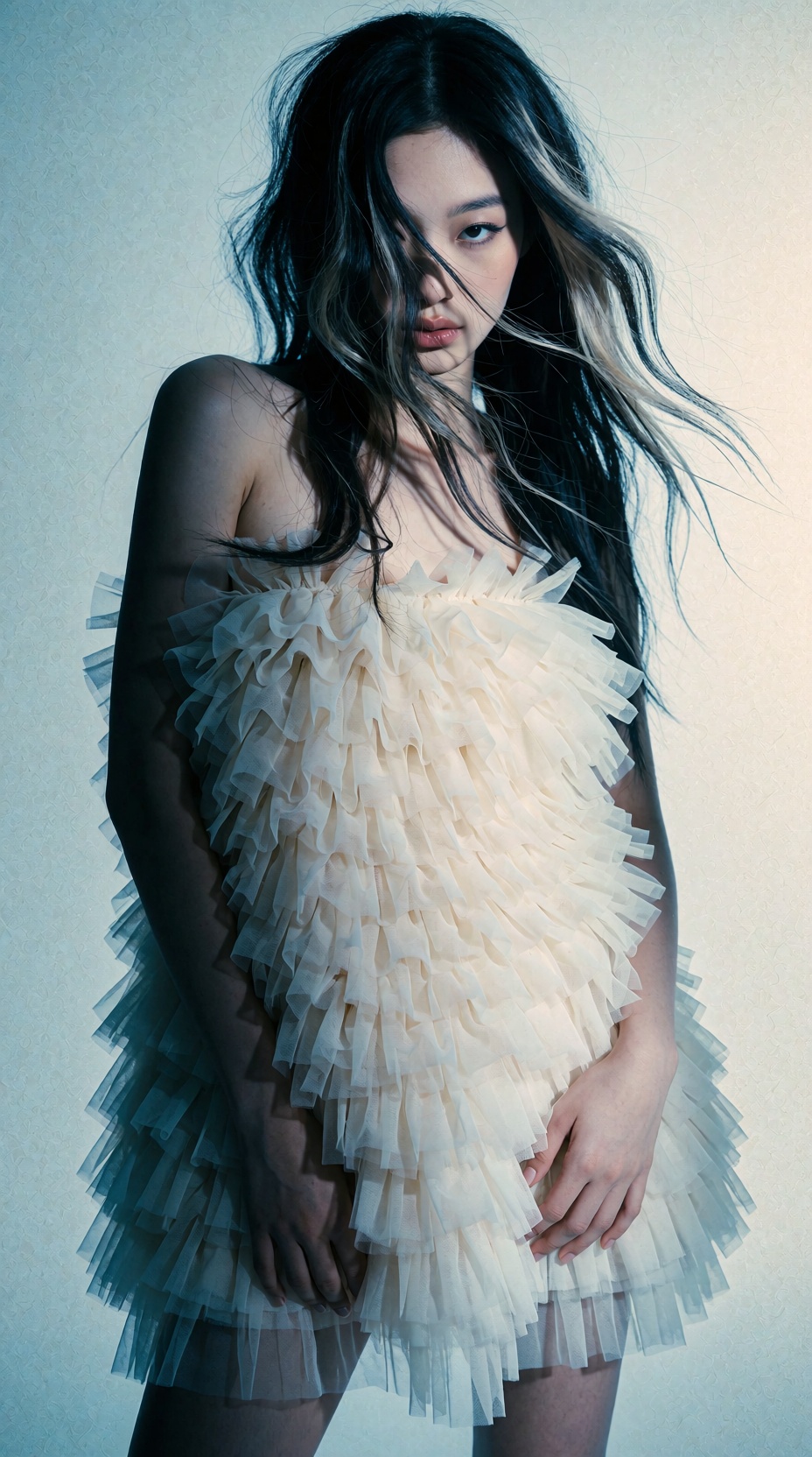 This fashion portrait is captured digitally with a lens that produces a soft,  ethereal character. The image features a co...
