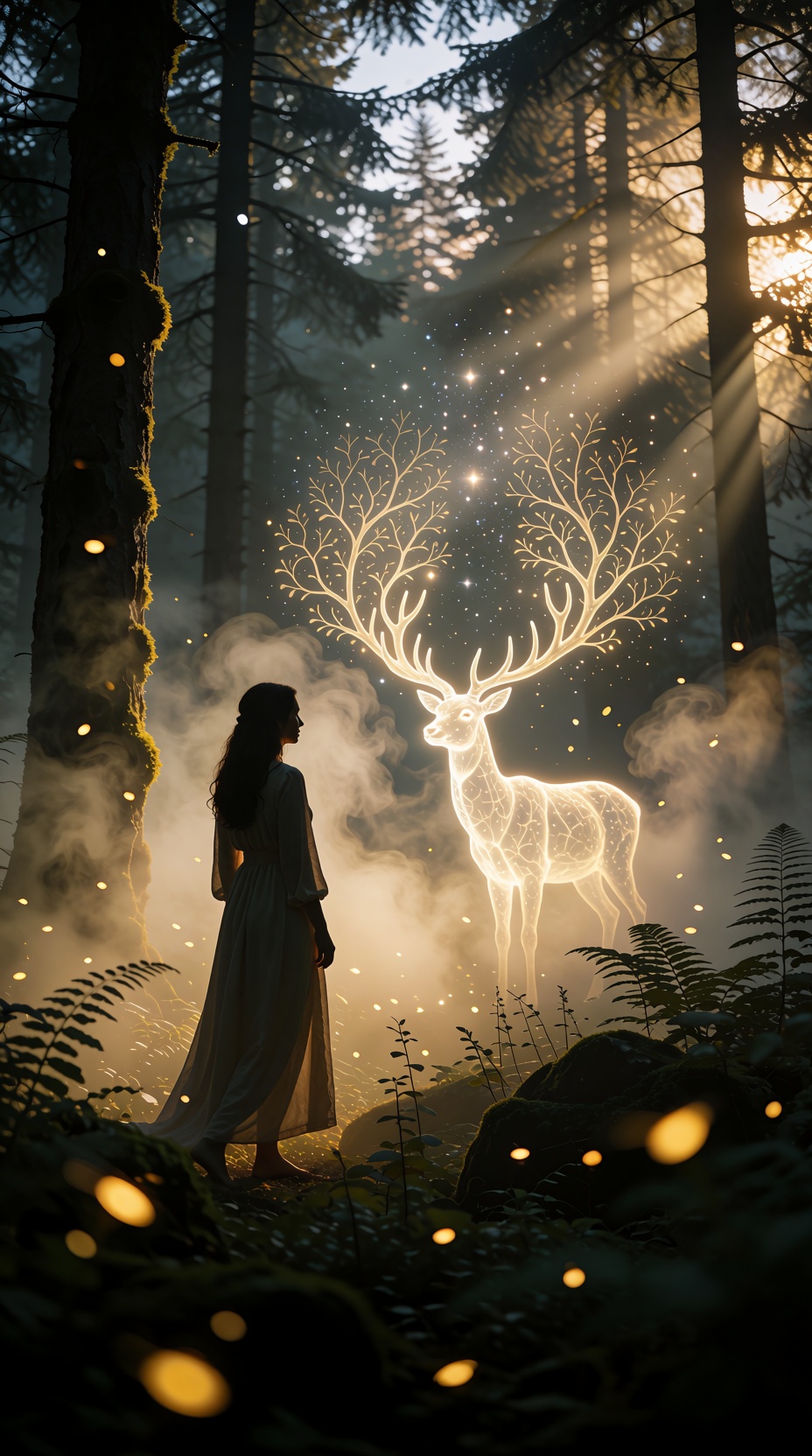 A silhouette of a woman in a long flowing dress standing barefoot in a misty ancient forest at dawn,  facing a luminous tr...