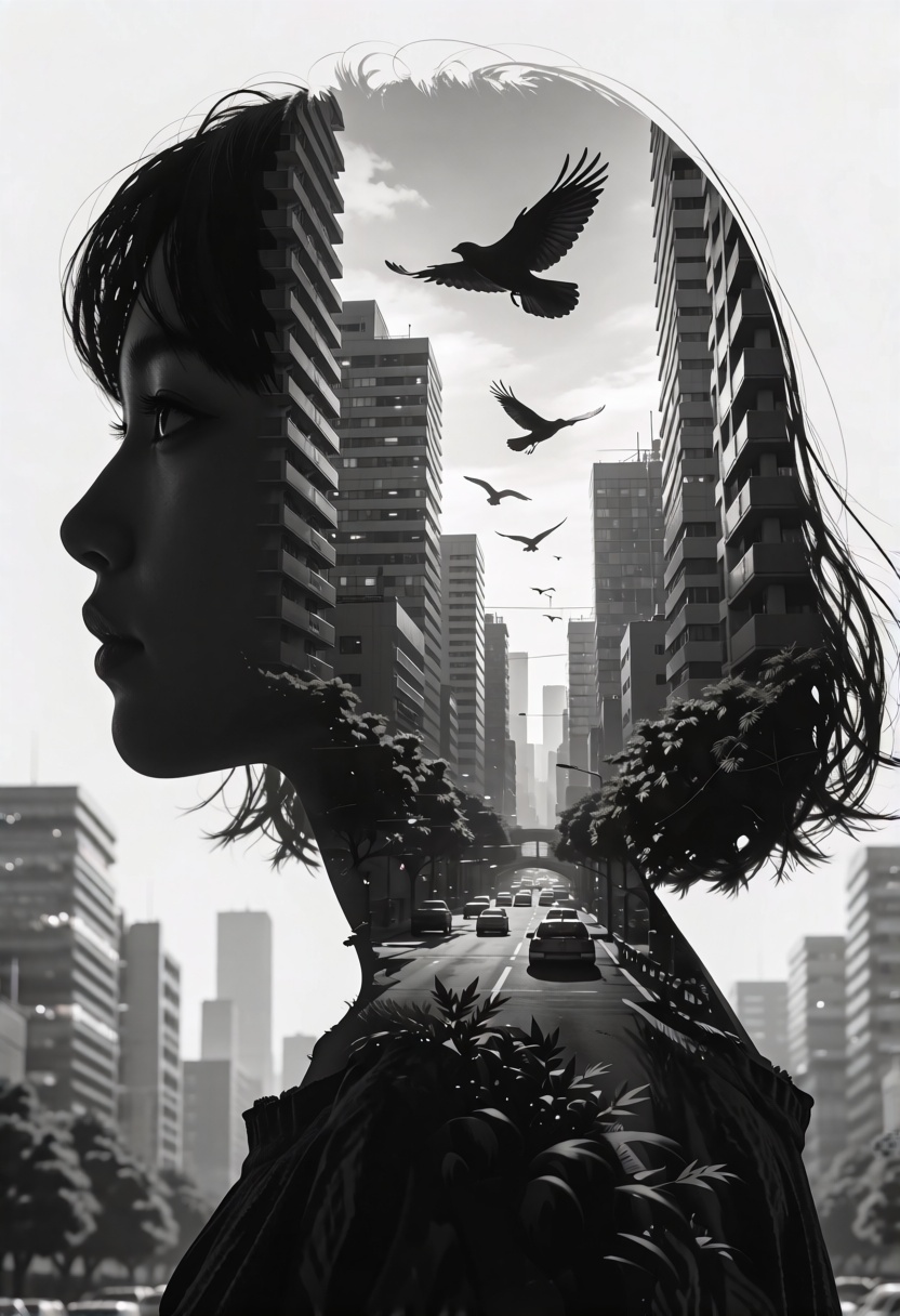 Ultra-detailed Asian young woman,  1girl,  depicted as a silhouette of her head within which there appears to be a vibrant...