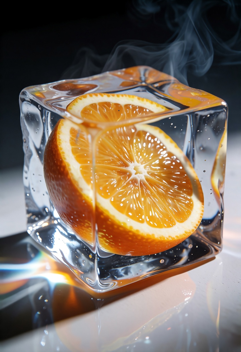 3D render,  realistic,  shining orange slice inside faceted ice cube on Tensor.Art