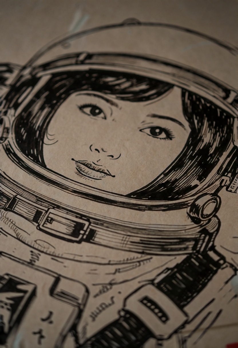 closeup photography of an ink sketch of an Japanese woman 1960s Astronaut. on construction paper. ((intricate paper textur...
