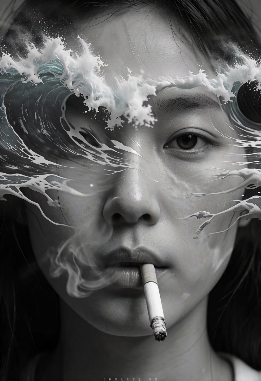Ultra detailed realitic photography asian female A surreal artwork showing a asian woman face with a cigarette in their mo...