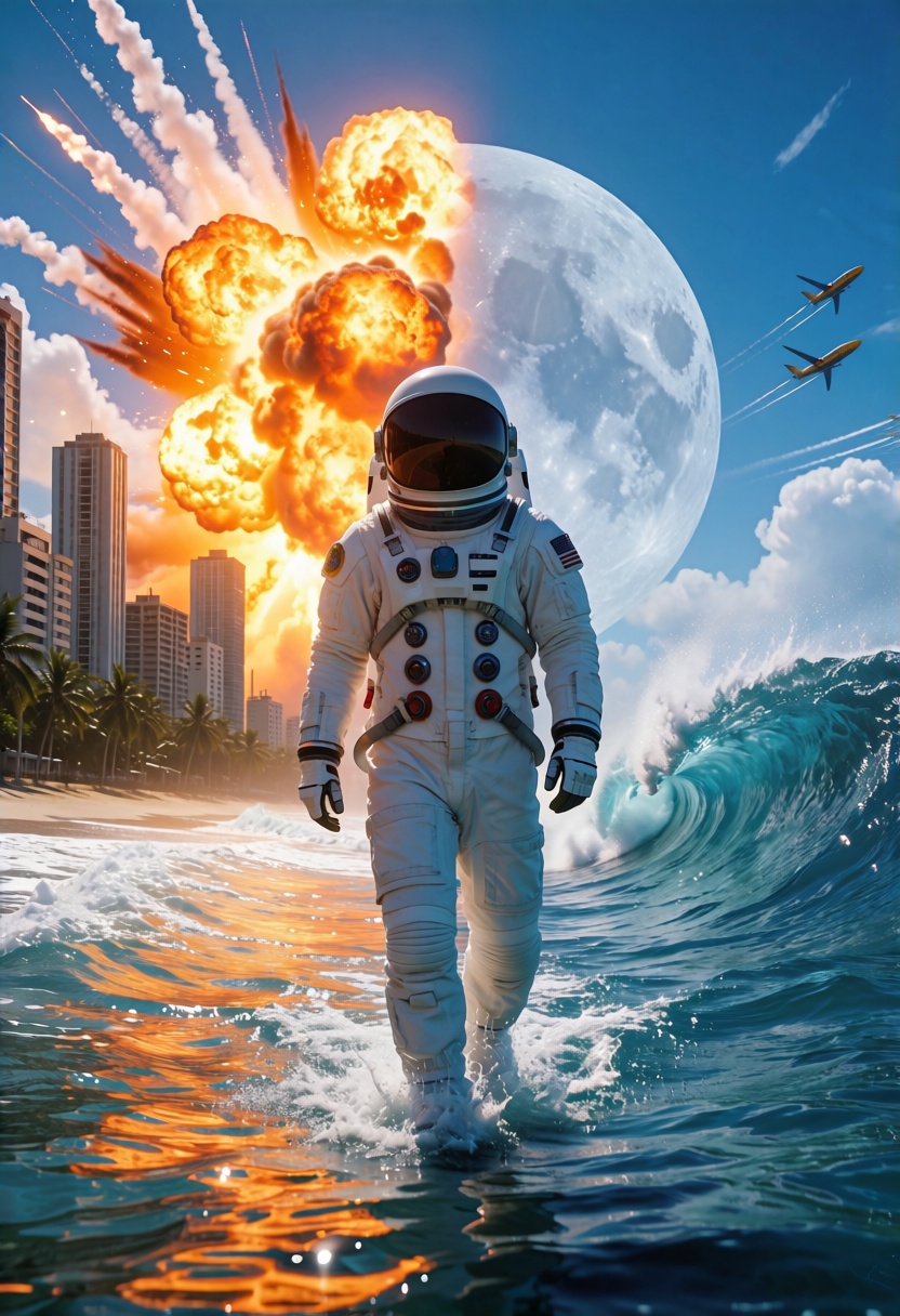 astronaut walking on sunshine,  vfx explosions in the background by john carpenter and michael bay,  parting the sea on Te...