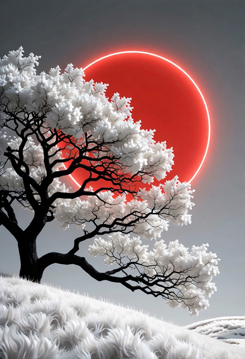 Abstract,  white fleecy hill,  sprawling black and white tree on Tensor.Art