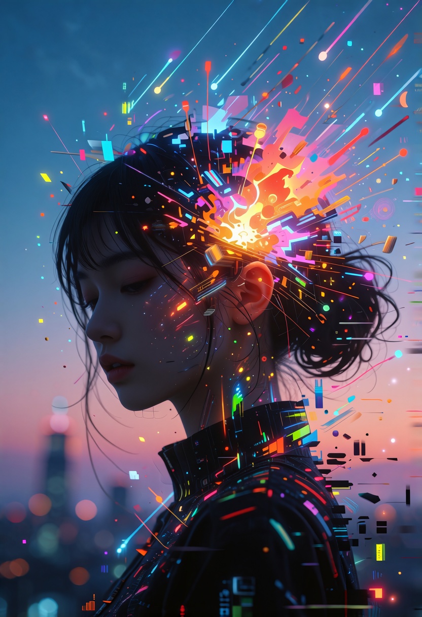 Ultra-detailed asian young female,  A surreal and glitch-inspired depiction of a figure with their head dissolving into a...