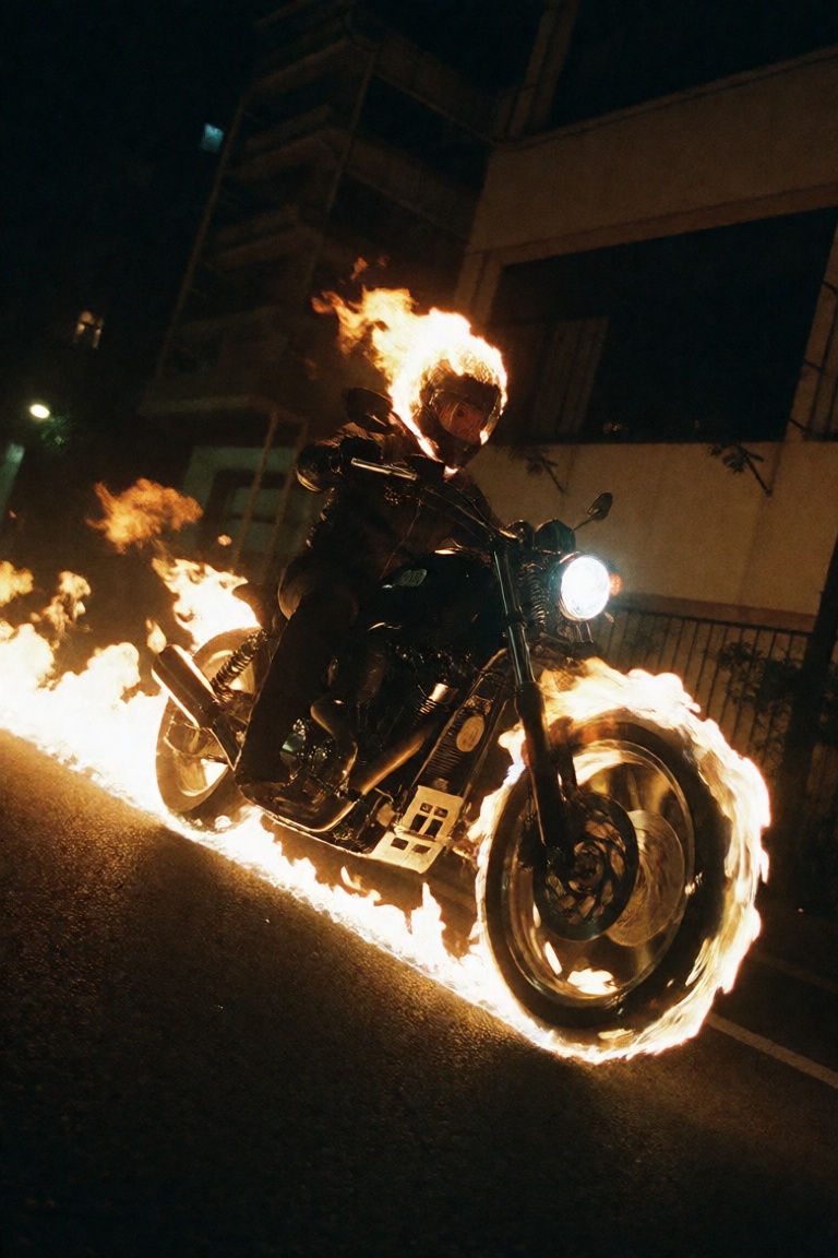 A photo shot on 35mm film with film grain from below of Ghost rider passing by on his bike on fire leaving a fire trace on...