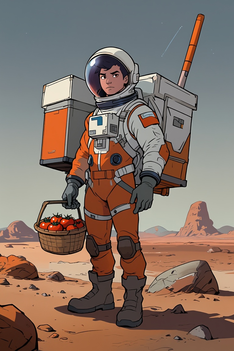 Rtoon,  astronaut with a delivery man's bag on his back and a basket of tomatoes in his hand,  mars background on Tensor.Art