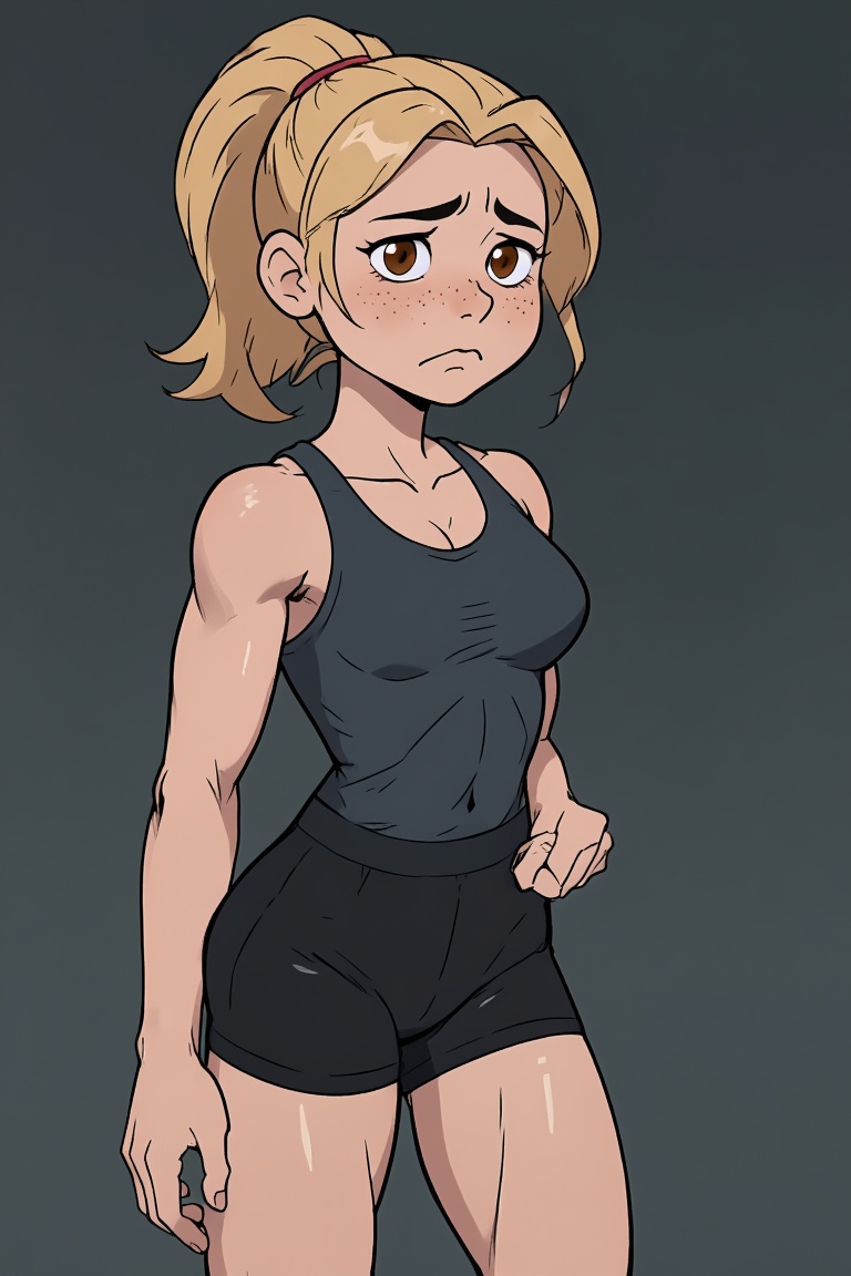 Rtoon,  a 20 years old girl with brown shiny eyes,  blonde hair in a ponytail on Tensor.Art