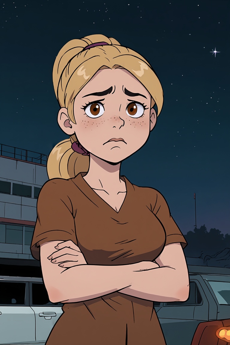 rtoon,  a 20 years old girl with brown shiny eyes,  blonde hair in a ponytail on Tensor.Art