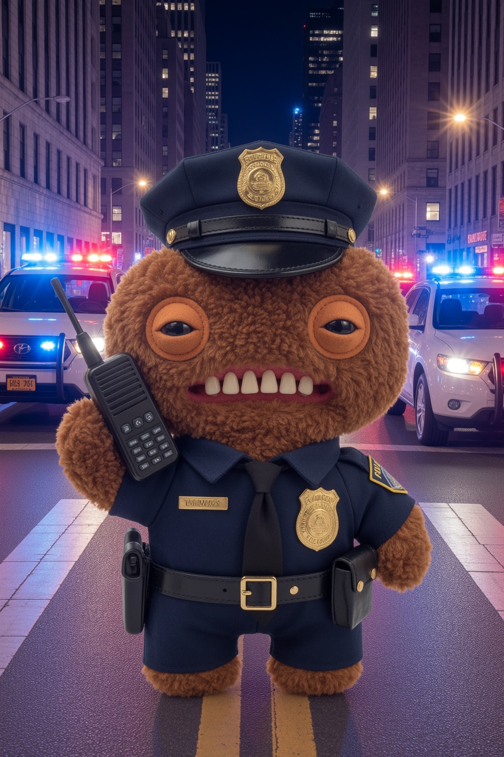 Photo of a fuggler stuffed animal. A courageous police officer stands confidently in the middle of a bustling city street,...