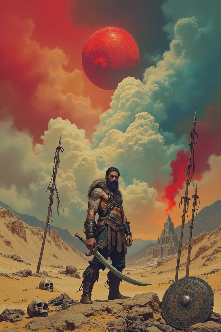 A rugged,  bearded warrior with intricate tribal tattoos stands heroically in the center of a desolate,  ash-covered battl...