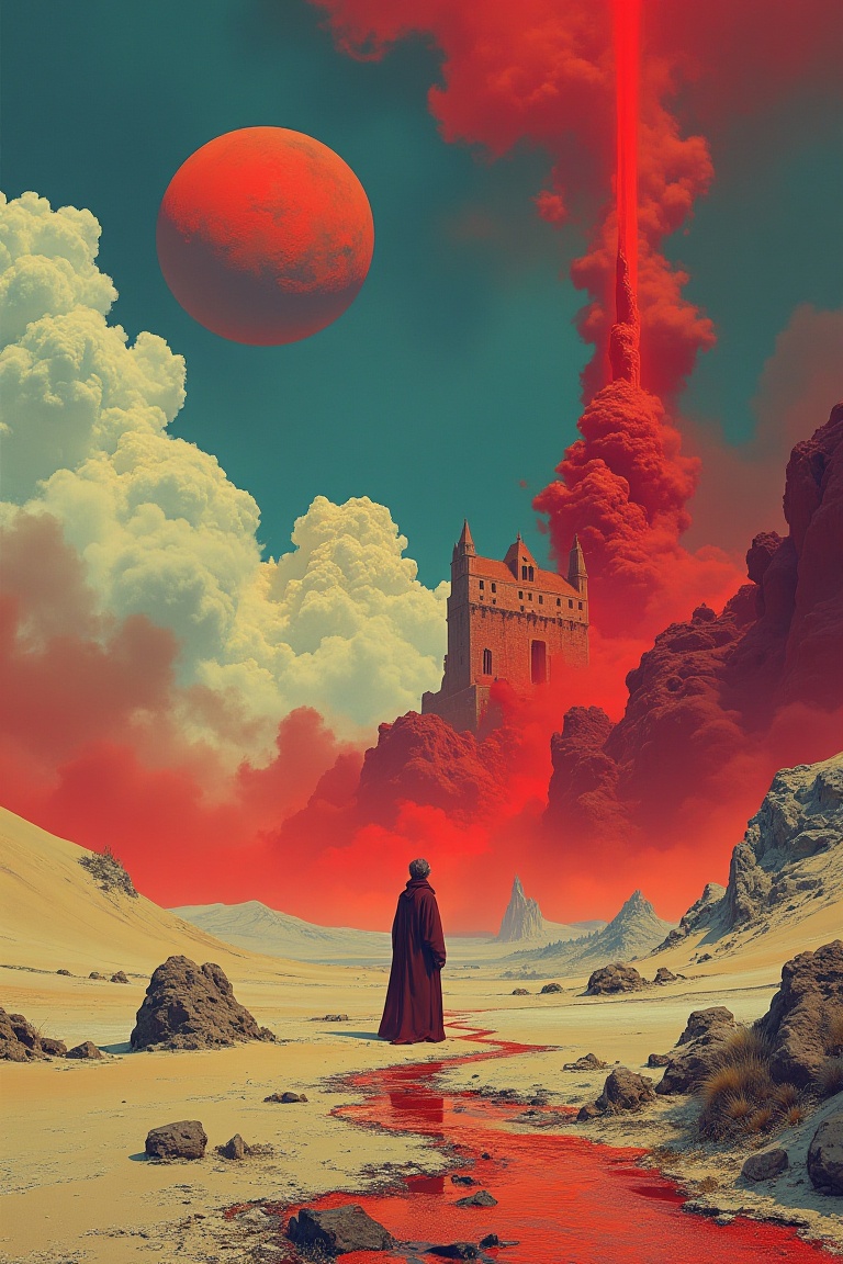 A solitary figure dressed in a long,  dark red robe stands in the middle of a vast,  desolate on Tensor.Art