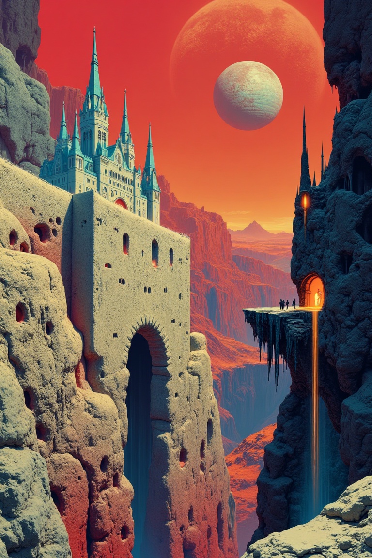 surreal,  otherworldly landscape features a grand,  spire-topped fortress perched atop a porous on Tensor.Art