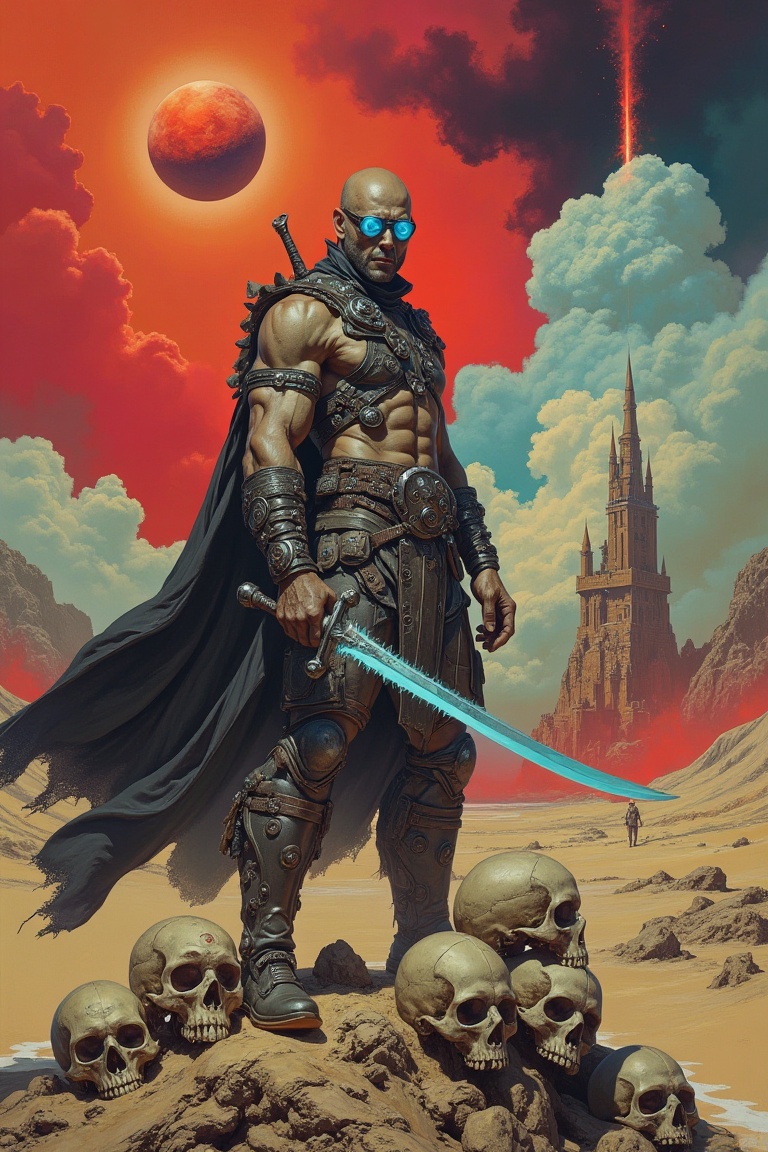 a formidable,  olive-skinned warrior standing triumphantly atop a pile of bleached human skulls. The figure wears dark,  w...