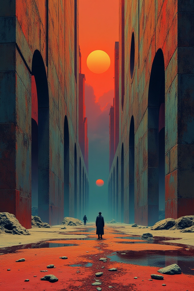 A lone figure in a dark,  long coat stands on a desolate,  reddish-brown sandy path in the foreground on Tensor.Art