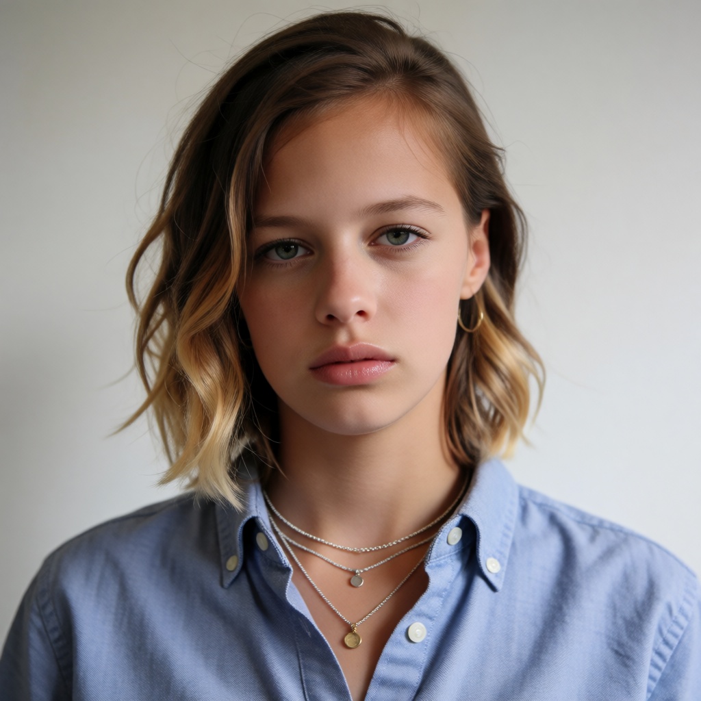 A passport photo,  head and shoulders,  young woman with wavy hair in a blue button down oxford shirt on Tensor.Art