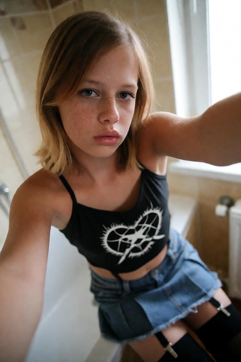 Create a candid photograph of a freckled 16-year-old teenage girl,  capturing her in a moment of taking a selfie in a bath...
