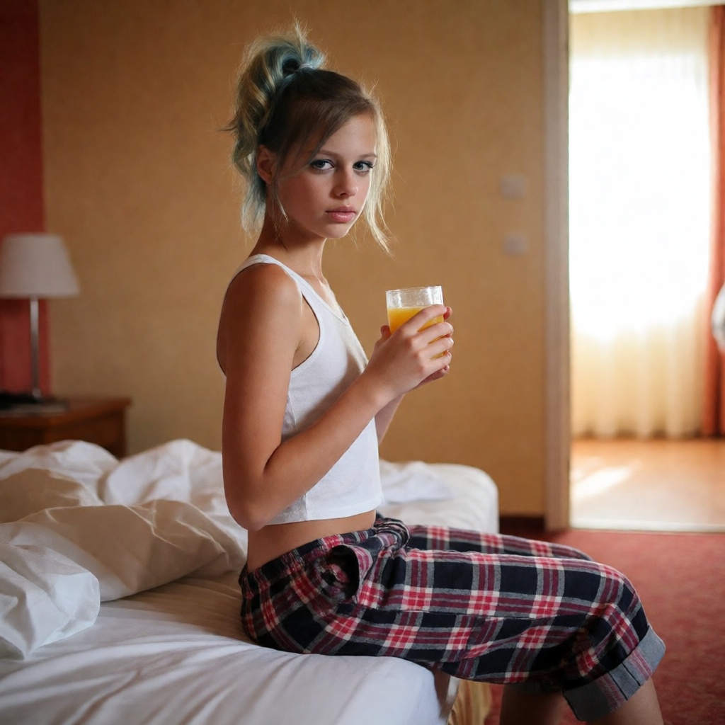 The model is an 18-year-old caucasian young girl: winged eyeliner,  naturally flushed cheeks,  barely-there freckles acros...