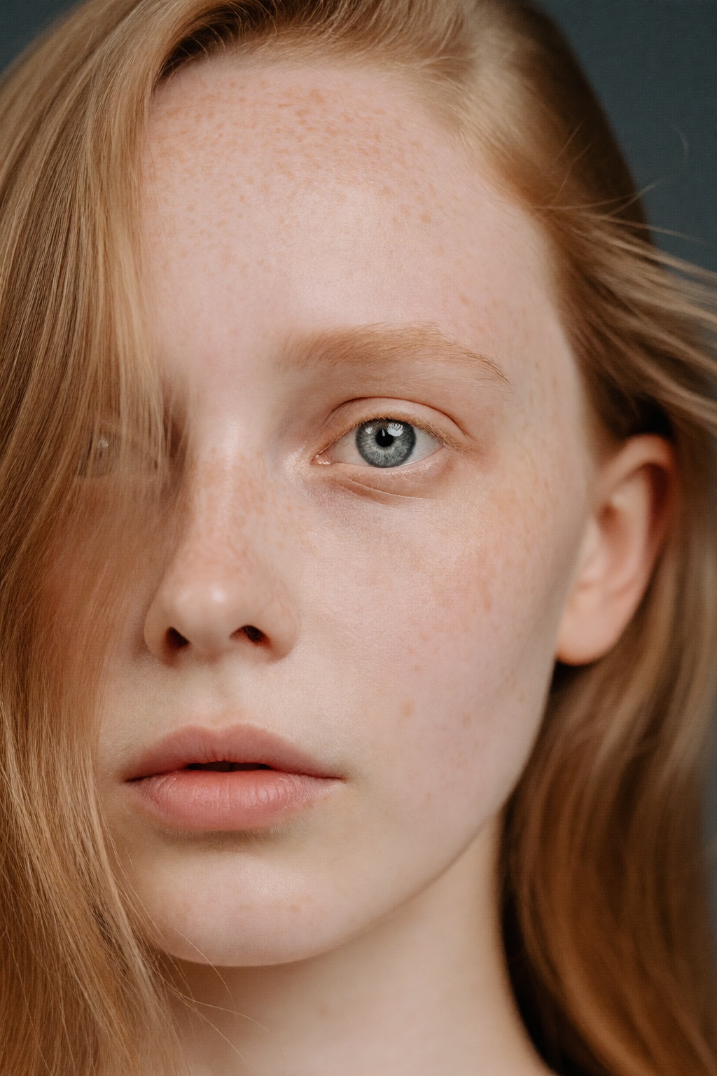 inline-skin-lora,  detailed skin texture,  ultra-realistic editorial beauty close-up of a young woman with porcelain skin...
