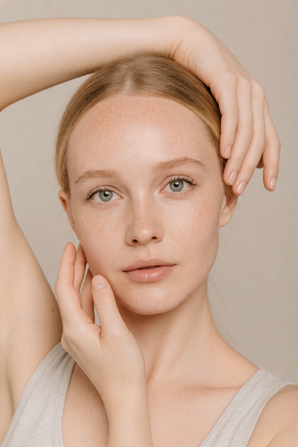 inline-skin-lora,  detailed skin texture,  photorealistic beauty portrait of a fair-skinned woman with natural freckles on...