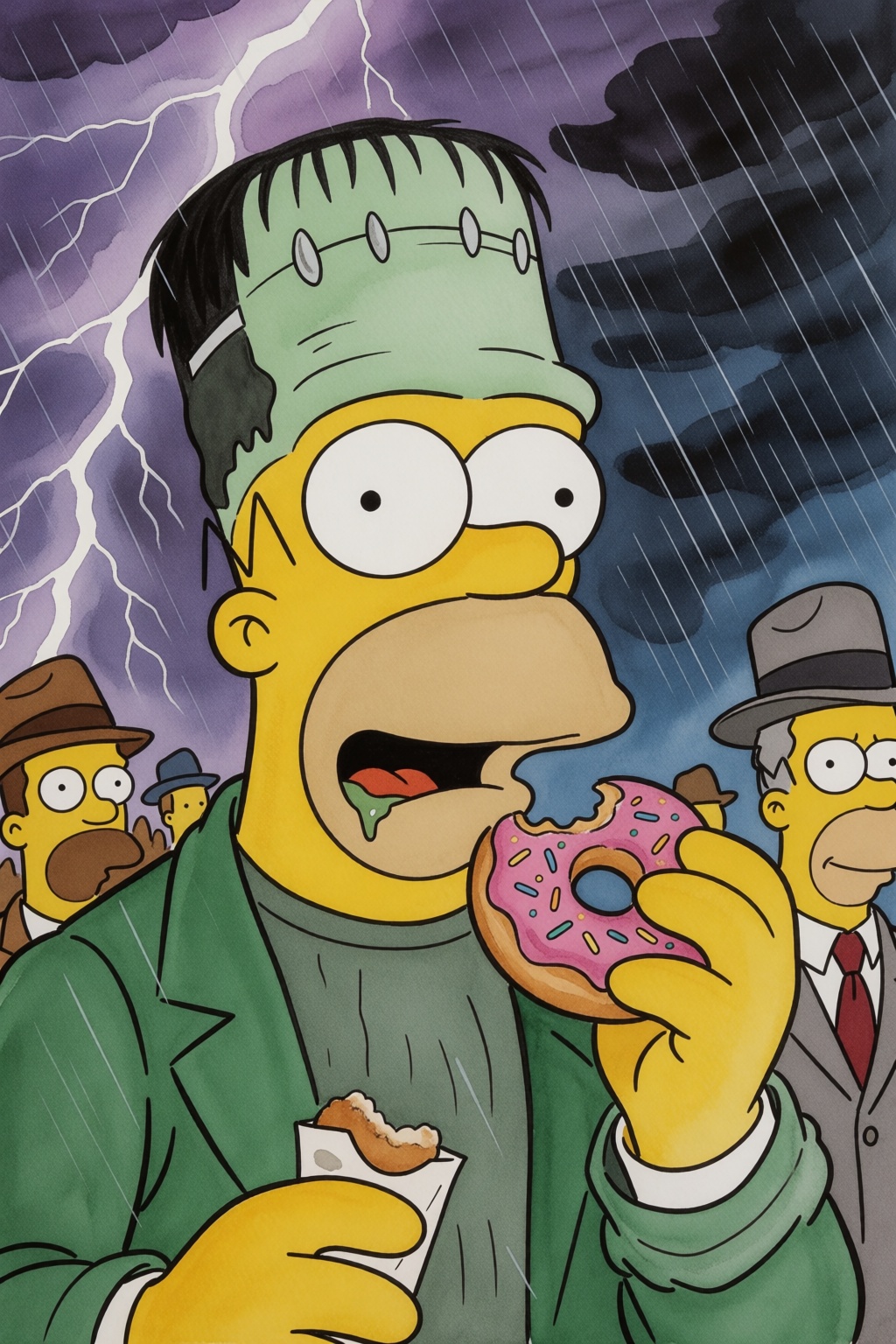 johnsingersargent16k2e20. Homer Simpson dressed as Frankenstein,  eating a doughnut during a thunderstorm on Tensor.Art