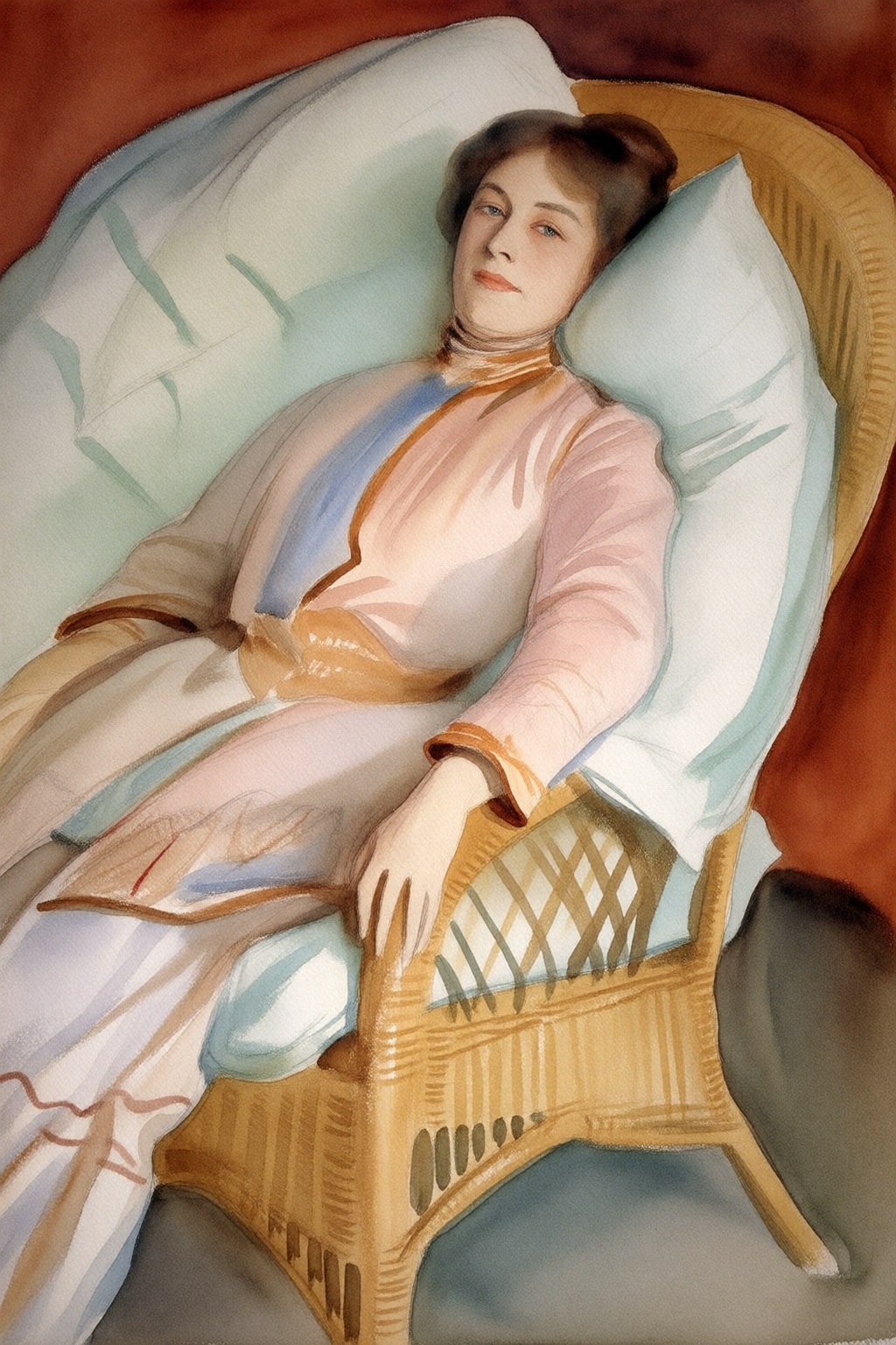 johnsingersargent16k2e20 Watercolor painting. Portrait of a woman reclining in a wicker chair,  she is dressed in a light-...