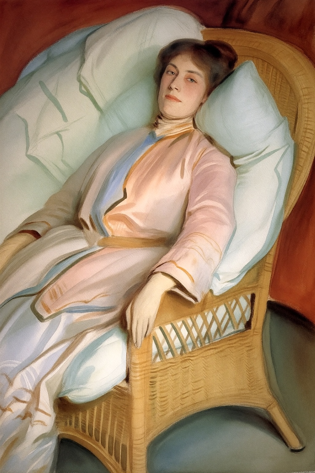 johnsingersargent16k2e20. Portrait of a woman reclining in a wicker chair,  she is dressed in a light-colored,  flowing ga...
