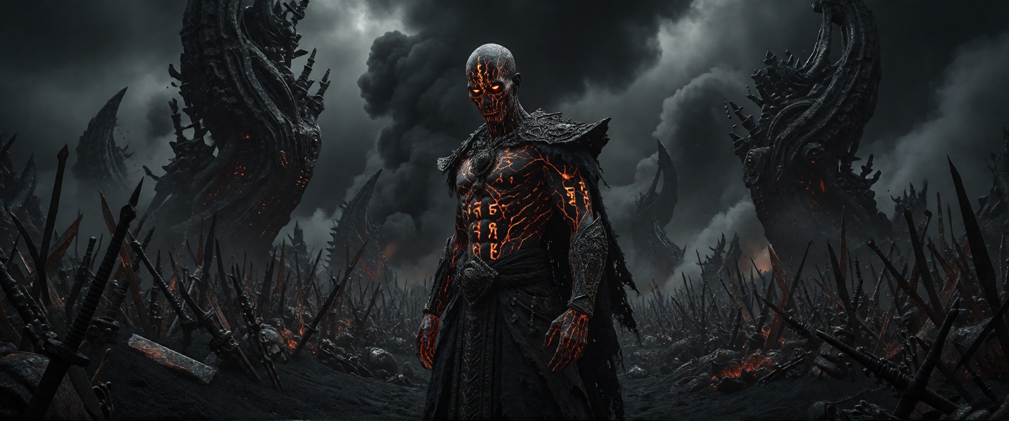 A lone ashen warlock stands in an endless ruined battlefield beneath a black sky filled with drifting ash. His cracked obs...
