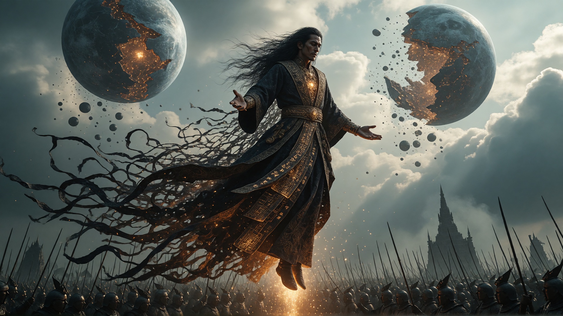 The warlock slowly levitates above the battlefield. His long hair flows without wind. His robes dissolve into ribbons of d...