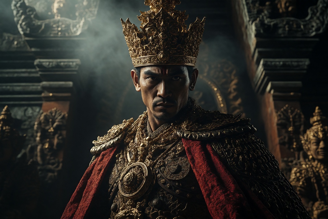 A hyper-realistic cinematic portrait of a powerful ancient warrior king,  wearing an intricate and ornate golden crown wit...