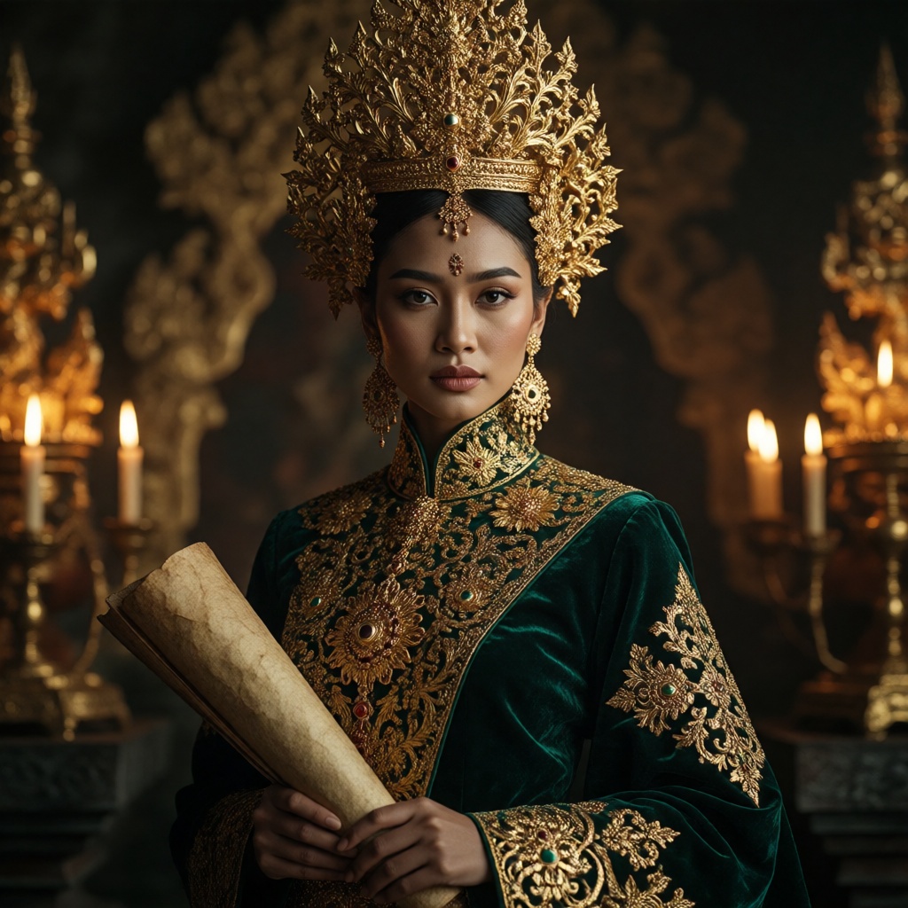 A stunning portrait of a beautiful Southeast Asian royal woman,  regal expression,  wearing an elaborate and ornate tradit...