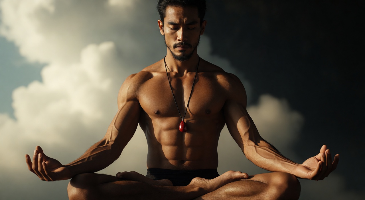 A realistic photograph of a lean muscular ashen warlock with bun hairs and a short beard seated in a full lotus yoga posit...