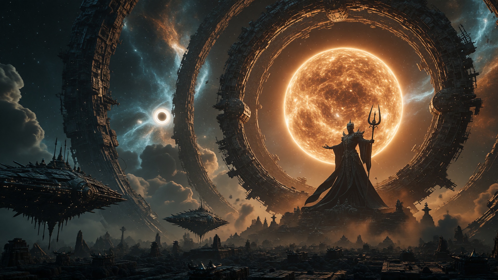 The battlefield transforms into an abandoned Dyson Sphere surrounding a dying star. Endless orbital rings rotate around th...