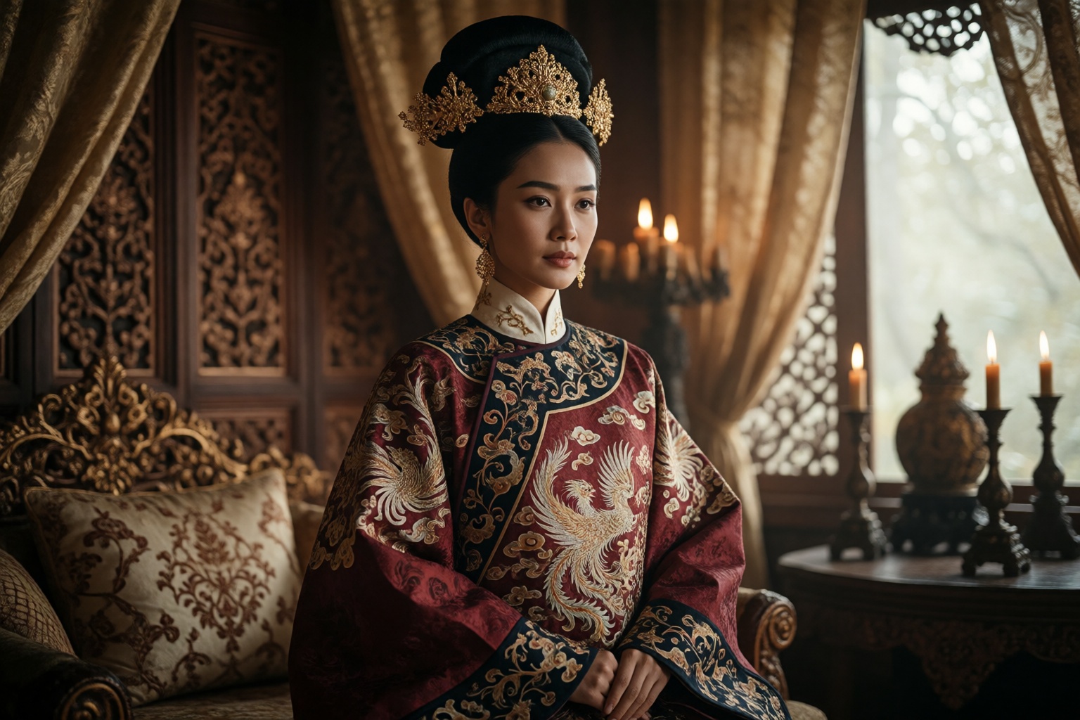 Empress javanese in a fictional indonesian majapahit imperial queen court drama,  realistic live-action cinematic portrait...