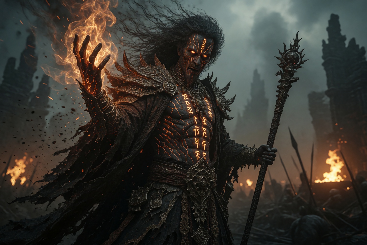 ashen warlock standing in a ruined battlefield,  cracked obsidian skin glowing with molten veins beneath,  tattered robes...