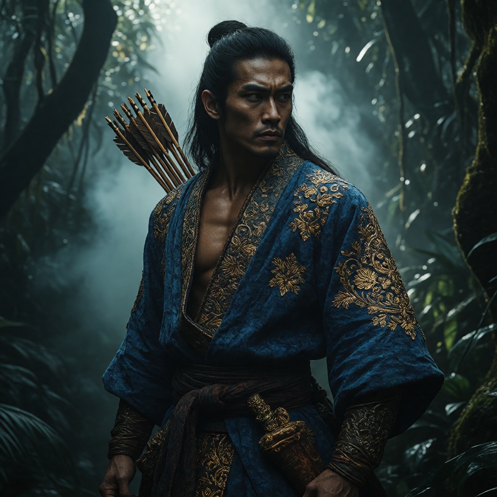 Portrait of a fierce East Asian male warrior in a lush,  misty jungle setting. He has long,  dark on Tensor.Art