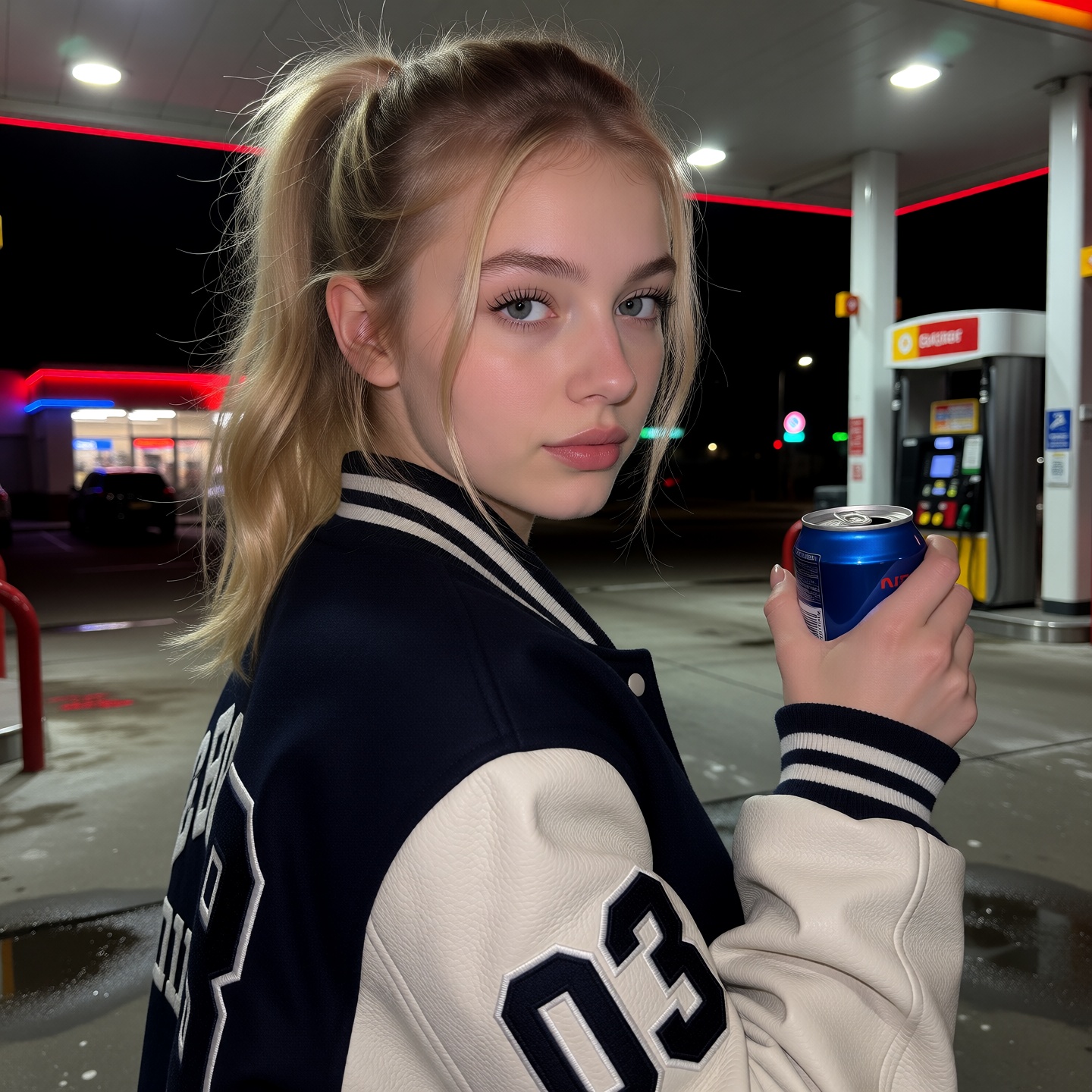 A fair-skinned young woman in her late teens or early twenties poses at a gas station at night. She has an oval face with...