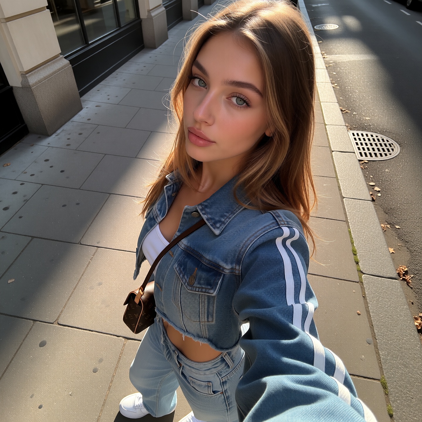 A young woman in her late teens or early twenties with a fair,  warm-toned complexion stands on a sunny city sidewalk. She...