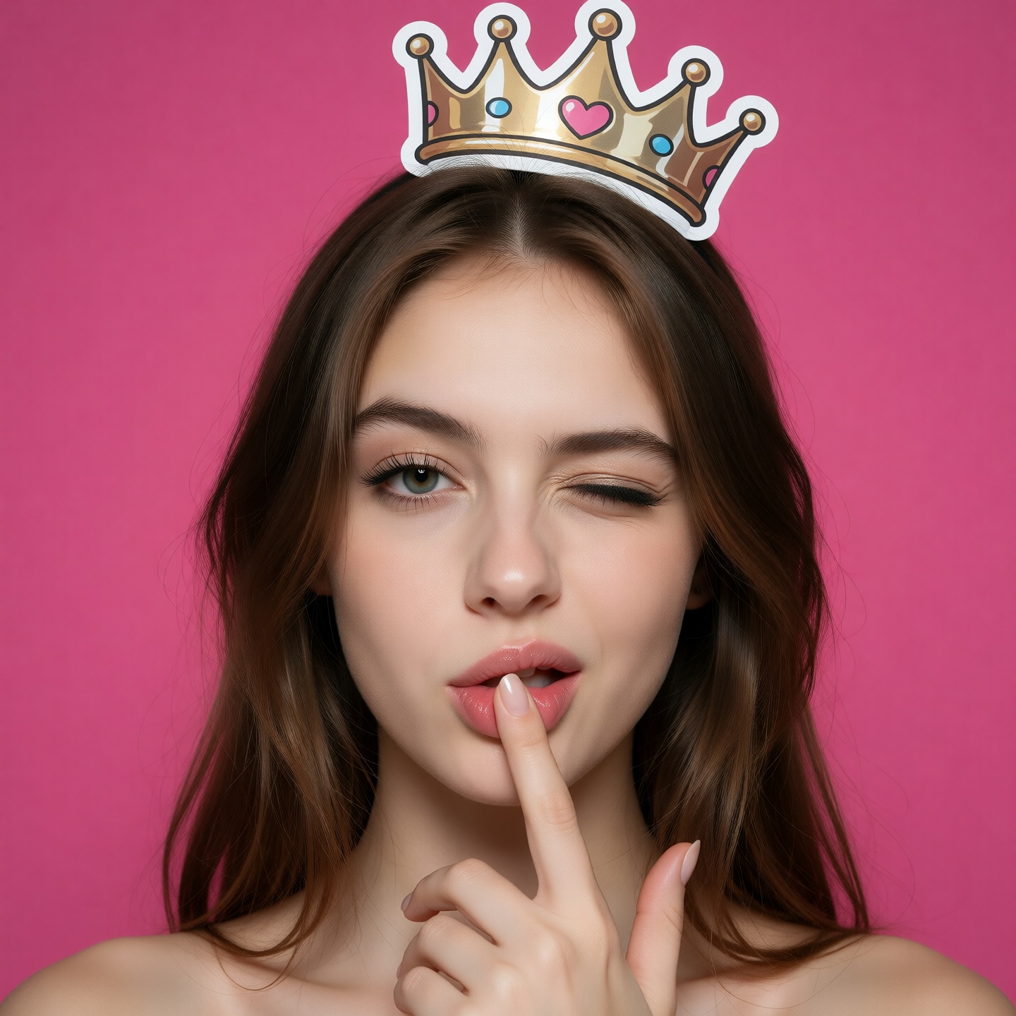 realisitc photography of Winking ****/finger on lips with cartoon crown on her head. realistic **** girl with cartoon crow...