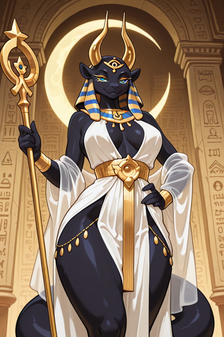 Create a masterpiece in best quality and perfect absurdness,  featuring a sexy Anubian goddess furry anthropomorphic chara...