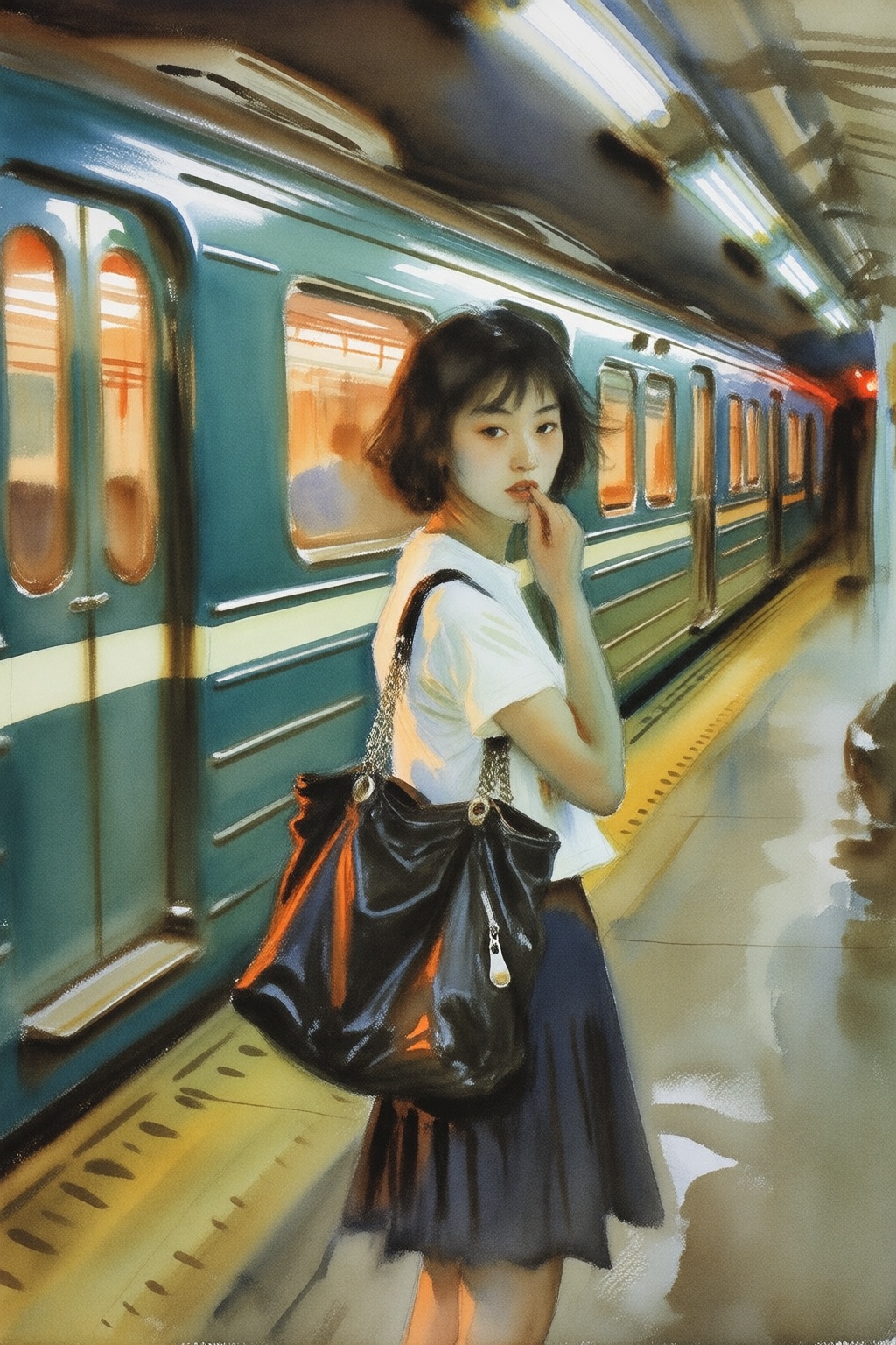 j {"high_level_description":"johnsingersargent16k2e20 Watercolor painting of a young East Asian woman on a subway platform...