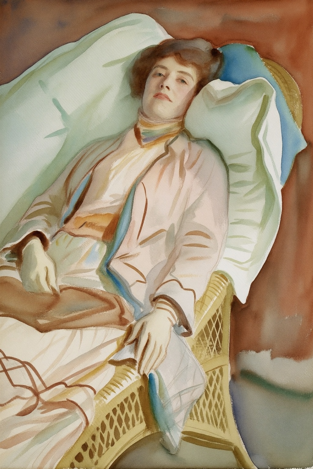 johnsingersargent16k2e20 Watercolor painting. Portrait of a woman reclining in a wicker chair,  she is dressed in a light-...
