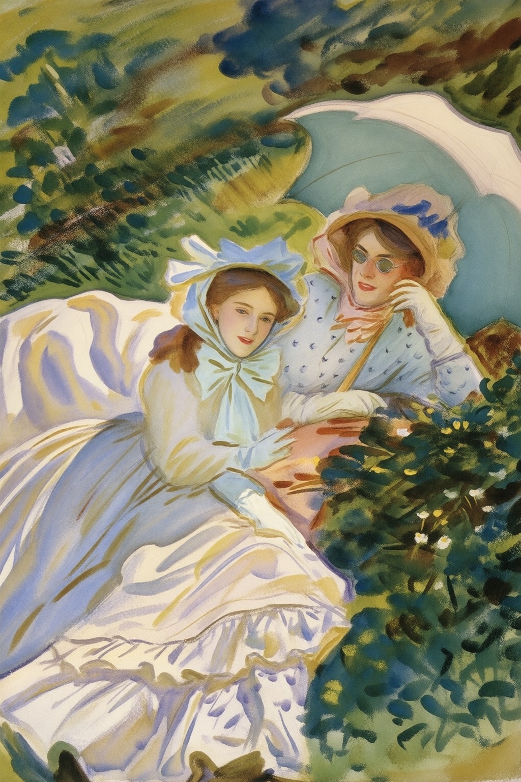 johnsingersargent16k2e40. Two women lie on grass,  dressed in flowing garments,  on the right is a woman wearing sunglasse...