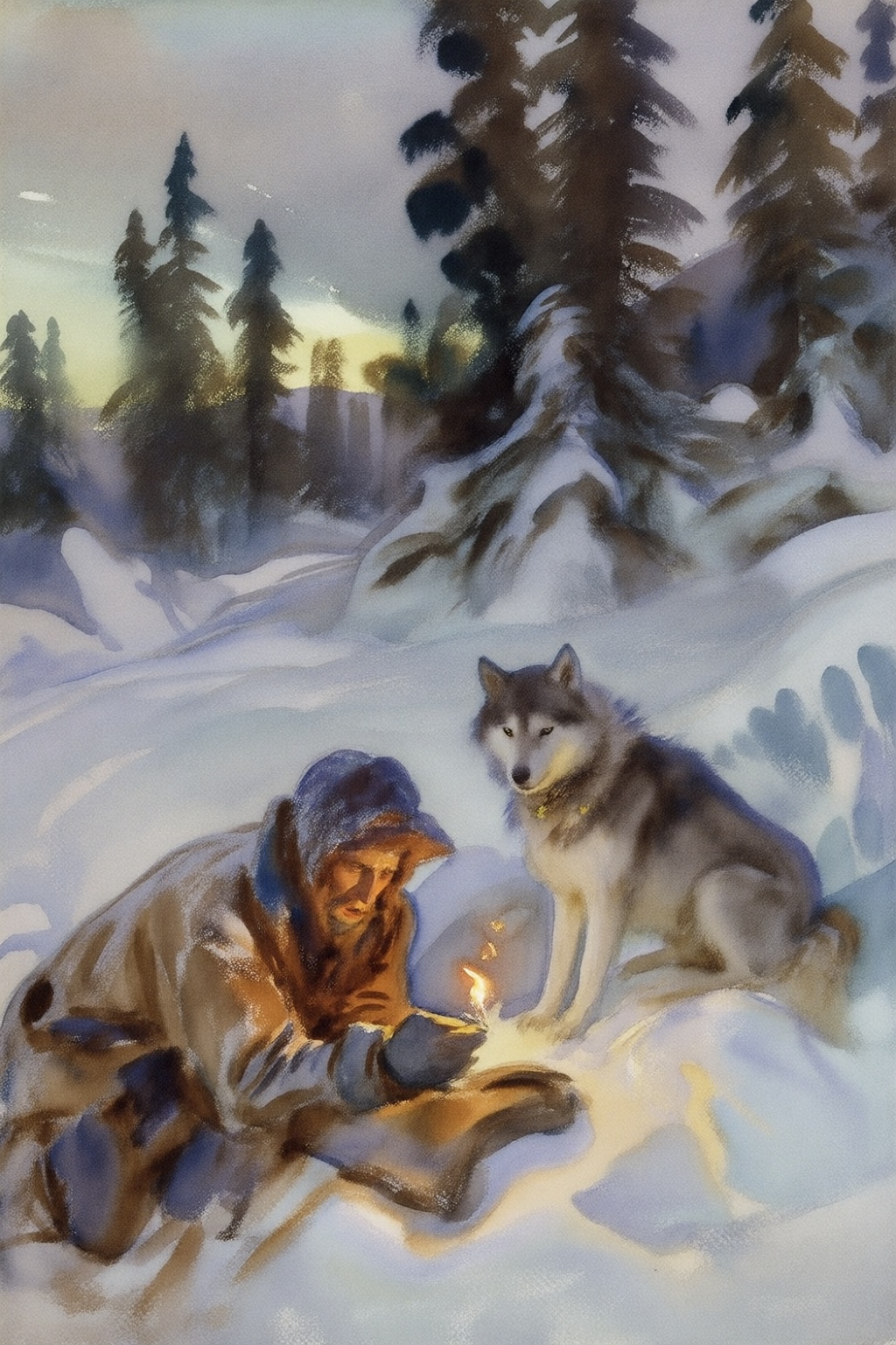 {"high_level_description":"johnsingersargent16k2e20. Watercolor painting. A frozen Yukon wilderness trapper kneels in desp...
