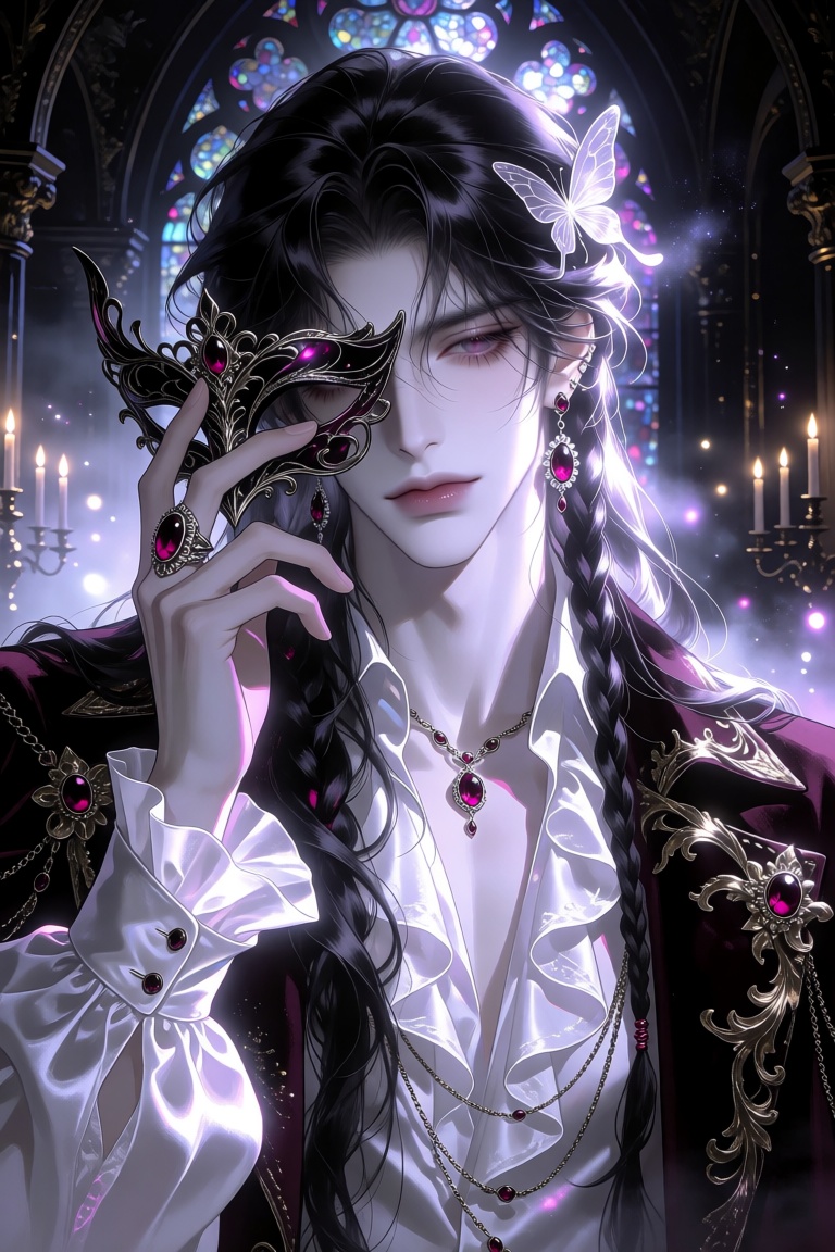 Mature young ***** man with an ethereal aristocratic appearance,  very pale porcelain skin with a luminous cool lavender c...